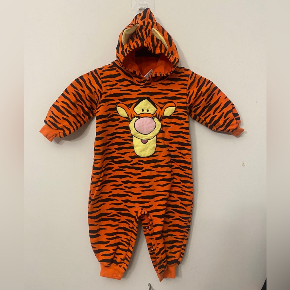 Kids' Orange Tiger-Striped Hooded One-Piece with Character Applique